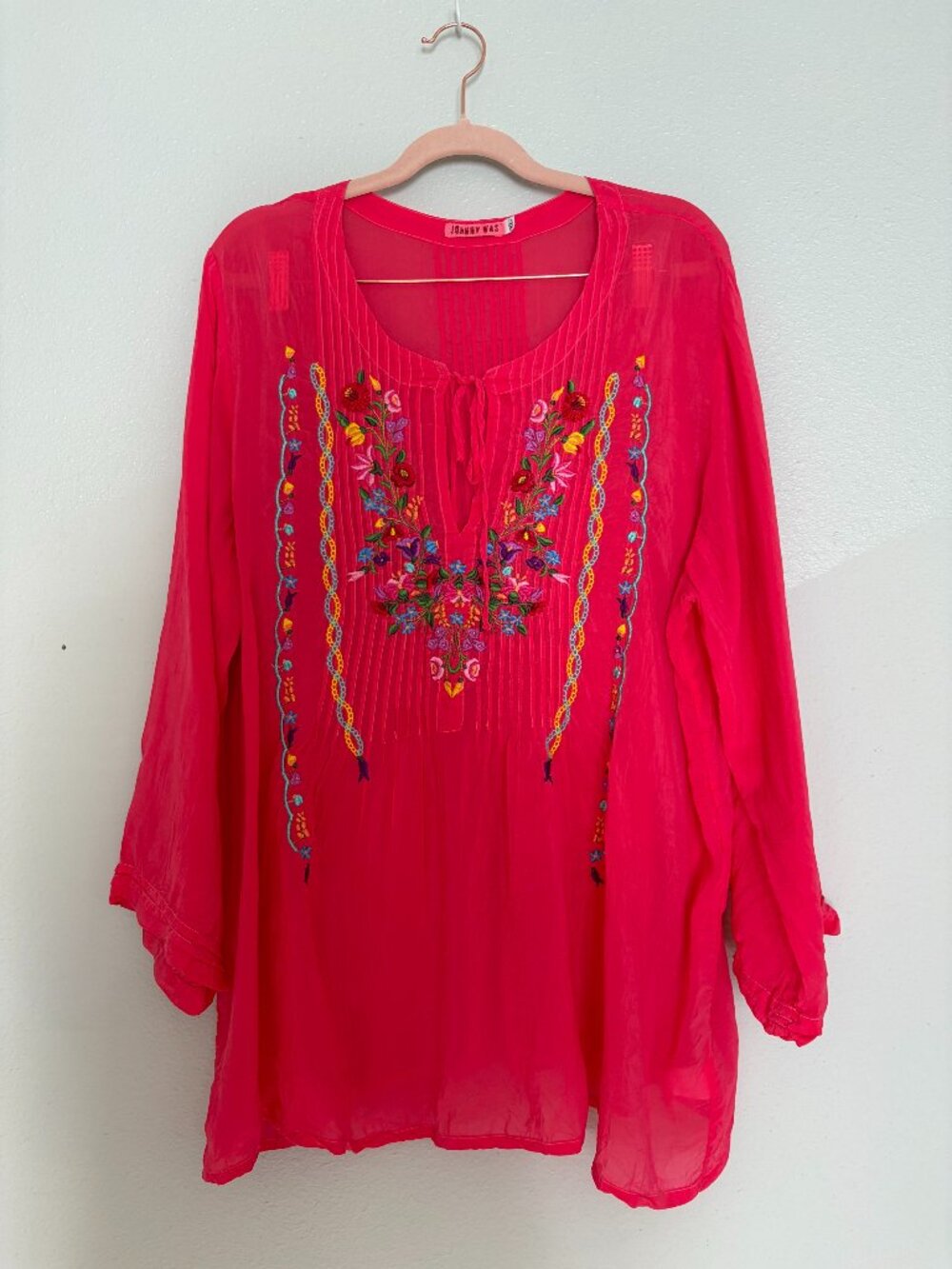 Johnny Was | Raspberry Pink Embroidered Pintuck Cupra Rayon Tie Neck Blouse XL
